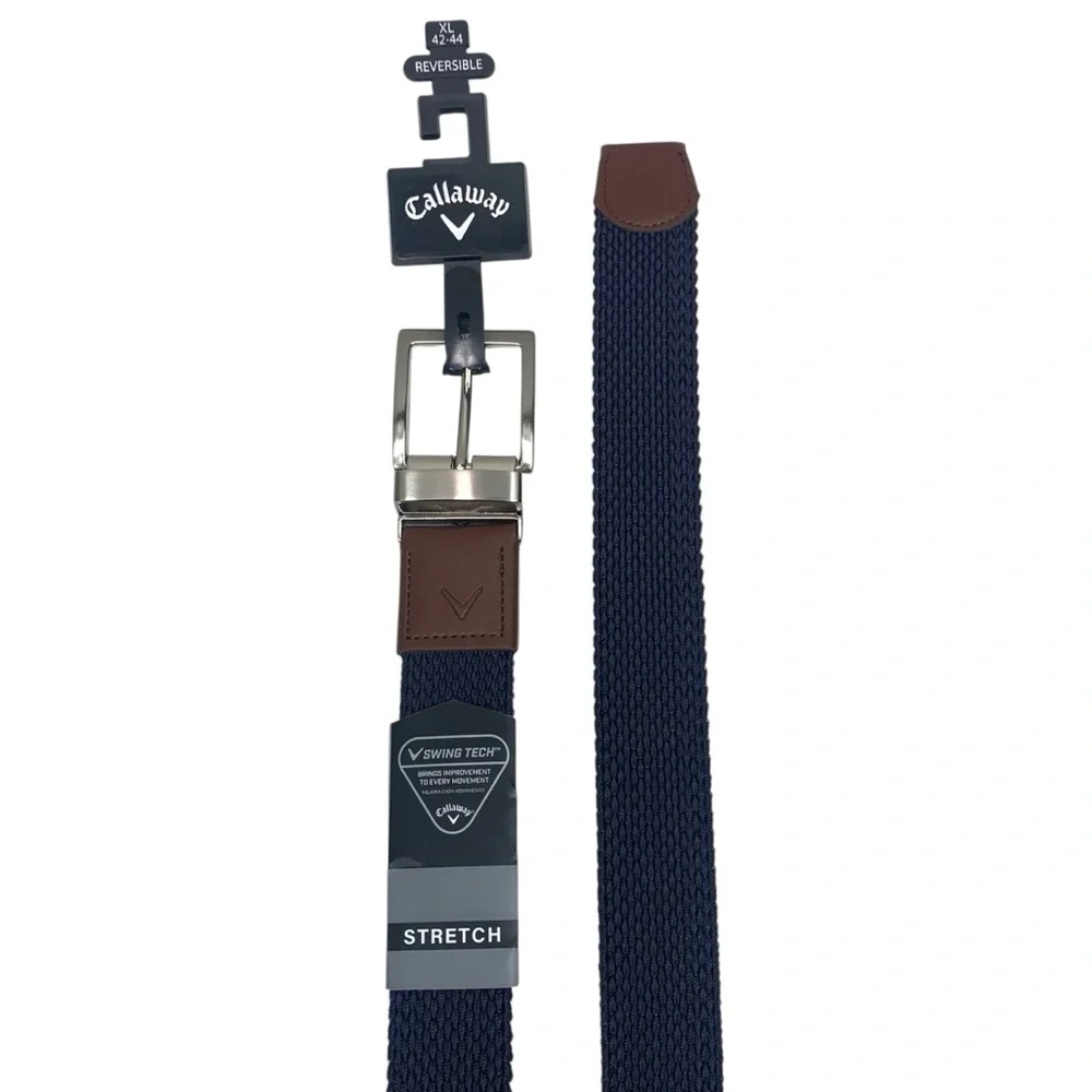 NWT Callaway‎ Men Sizes XL & Small Navy/Brown Reversible Stretch Golf Belt